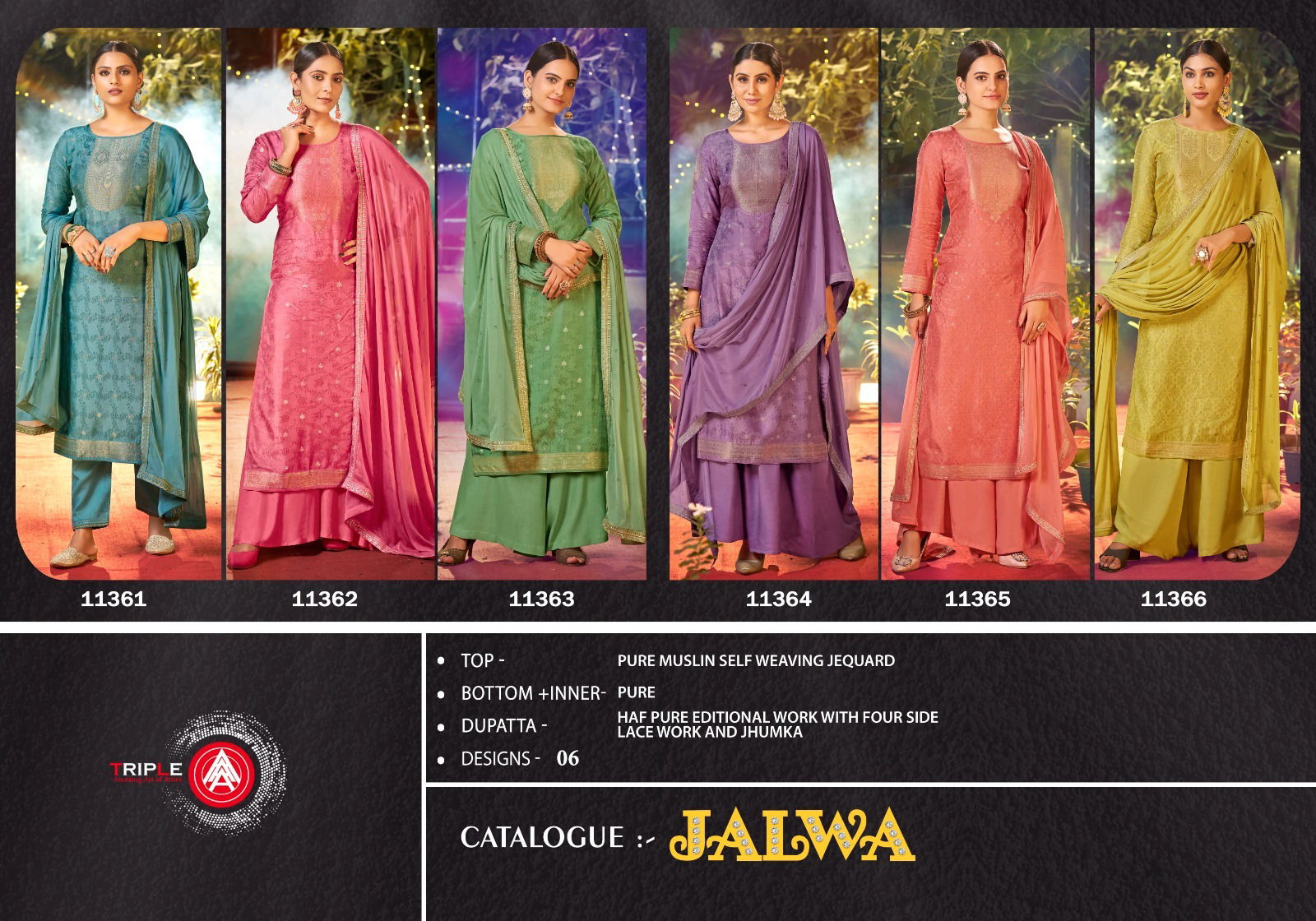Jalwa By Triple Aaa 11361 To 11366 Heavy Muslin Dress Material Wholesale Market In Surat
